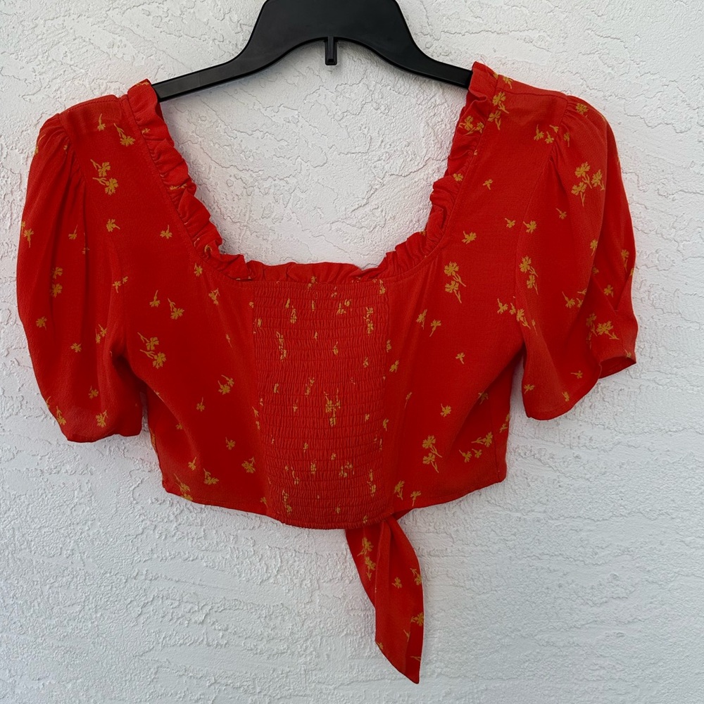 Free People Floral Crop Top Size 2 Boho Red Orange - Picture 2 of 8